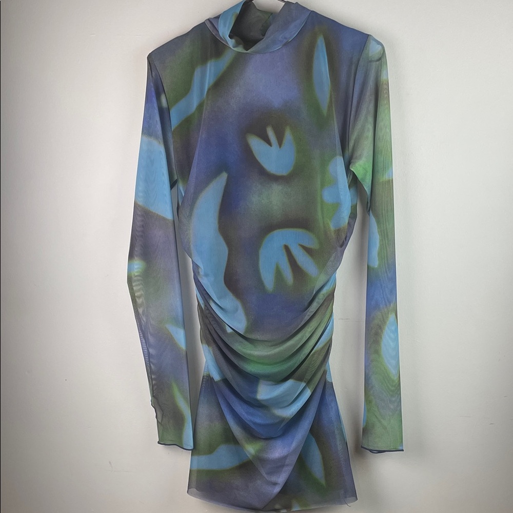 Pull & Bear Blue Green Abstract Mesh Long Sleeve Ruched Mini Dress Size L